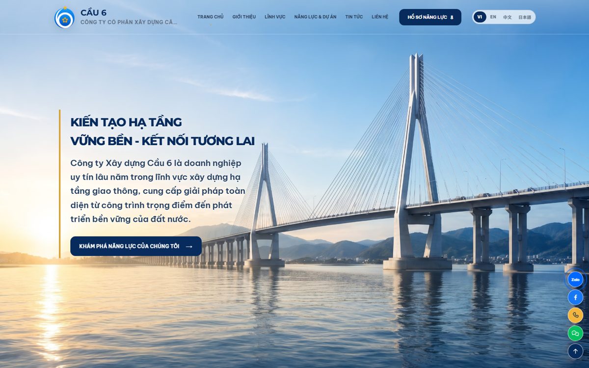 Phần mở đầu website Cầu 6 với ảnh cầu dây văng