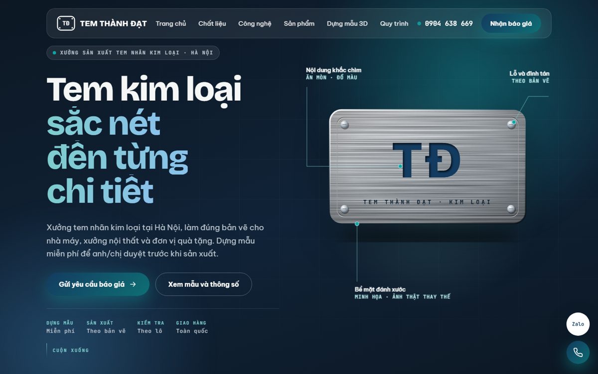 Phần mở đầu website Tem Thành Đạt với mẫu tem kim loại