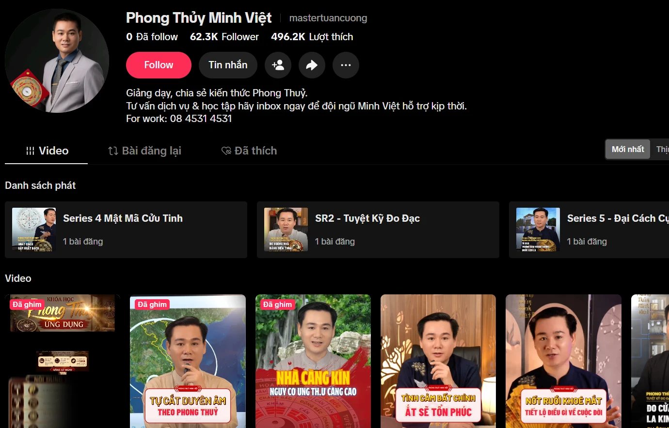 Trang TikTok Phong Thủy Minh Việt với các video đăng đều theo series